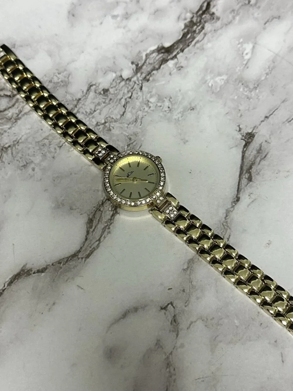 3/$30 L & Co Watch Women Gold Tone Round Dial Crystal Bezel New Battery 7.25